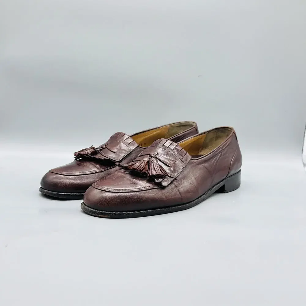 Johnston Murphy Shoes Mens 12 Brown Leather Kiltie Tassel Loafers Vtg Made Italy